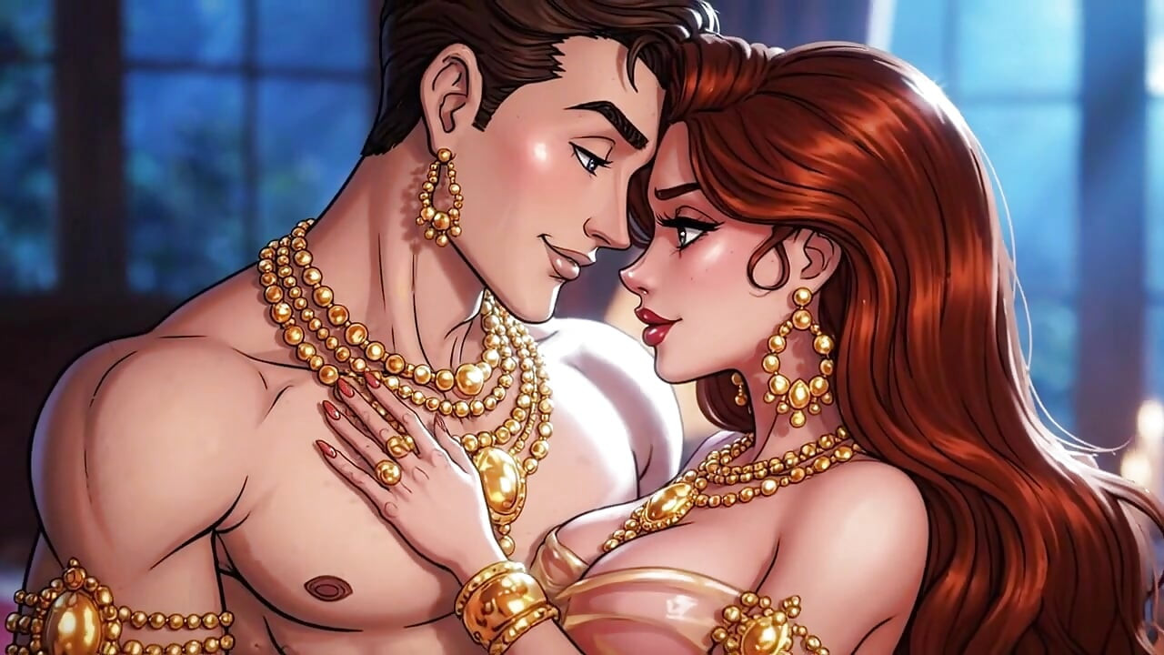 Romance érotique fantastique - couple bijoux dorés, baisers profonds et jeu au lit
