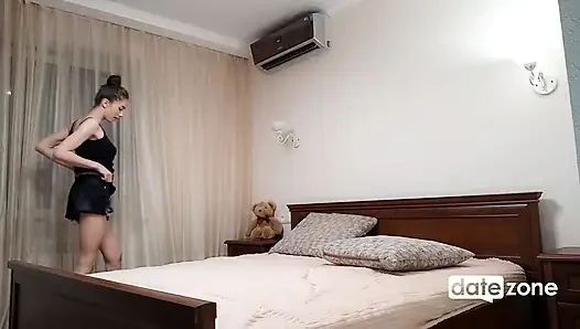 Stunning teen babe taking off her clothes and starts playing with pussy