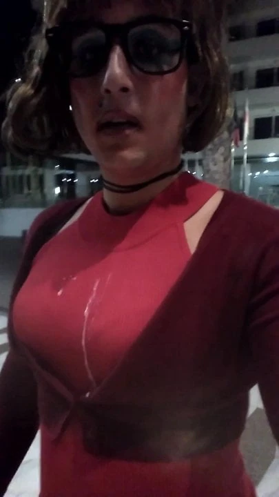 Smoking in the street after a good blowjob with cum on my ch