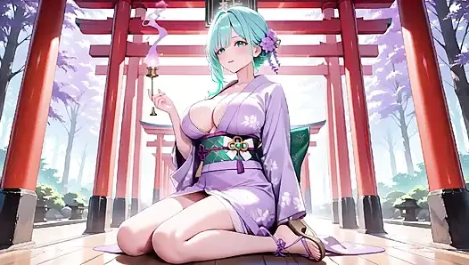 Der private morgen des grünhaarigen kimono-mädchens! Lila yukata leicht feucht, knien auf dem bett in einem japanischen zimmer