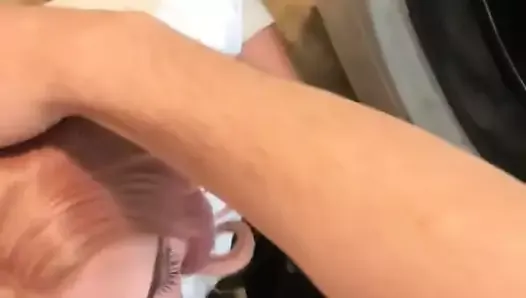Deepthroat cock while washing clothes