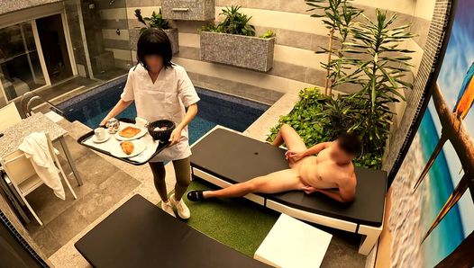 I jerk off in the private pool when the room service girl brings me breakfast and helps me finish by giving me a blowjob