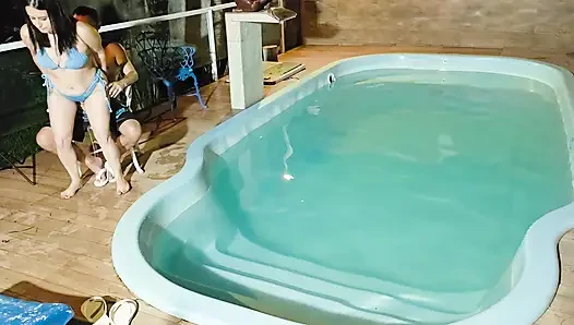 Caught in the act! Two brunettes caught masturbating in the condo's pool