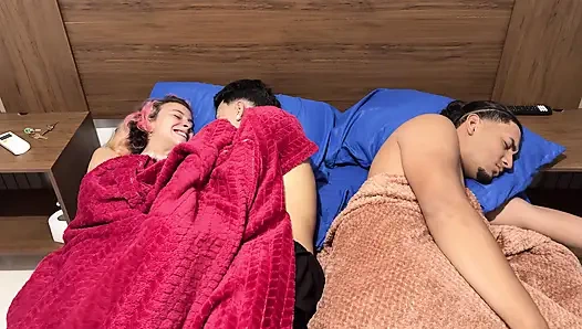 Two Latino stepbrothers have sex for the first time while sharing a hotel bed with their stepfather.