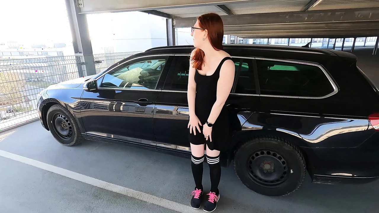 Nerdy stepsister has hot sex in the parking garage