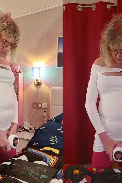 TS Lilly Sophie Plays with Her Big Tits and Hard Girlsdick in Her White Dress and Cums with Masturbator