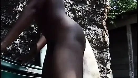 Horny ebony lifeguard gets fucked doggy style on a bench