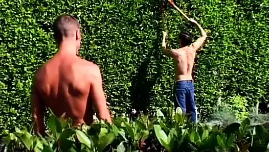 Lucky gardener joined by two smutty fellas for a steamy a gay threesome sex