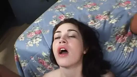 Young slut sucks a lollipop before having hardcore threesome with two fit dudes