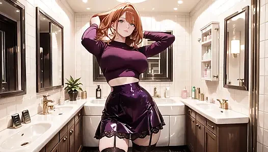 Lila glänzendes outfit zum orgasmus in der badewanne gefickt