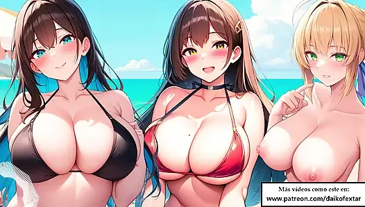 İspanyol rol yapma 31 talimatı - hentai kızları sana plajda toplu mastürbasyon yapıyor.