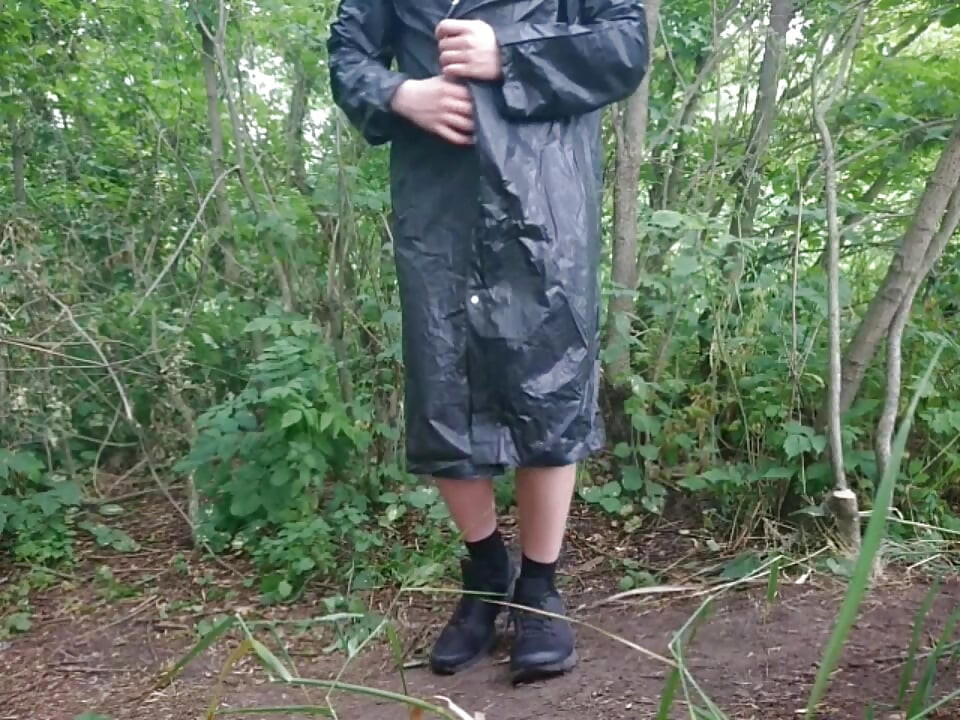 Guy in Raincoat Pisses Outdoors Then Strips Naked and Cums