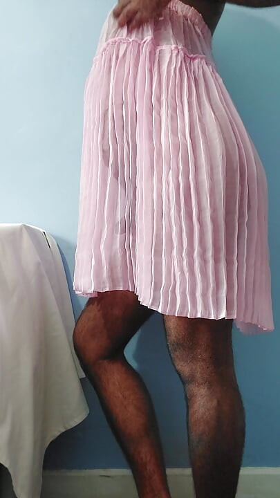 It feels so horny when masterbating in this silk seethrough fleard pleated chiffon pink skirt