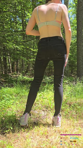 Skinny milf squats down to pee while out on a walk
