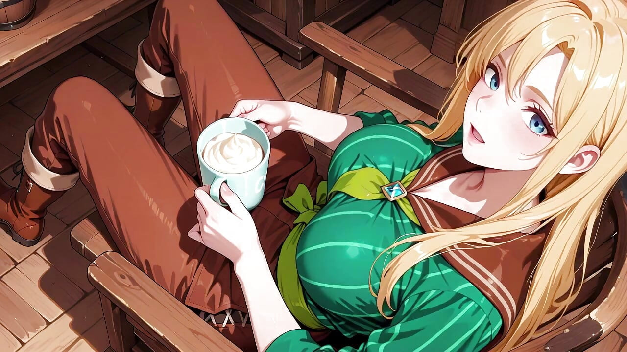 She sips beer while fixing her apron, revealing creamy cleavage.