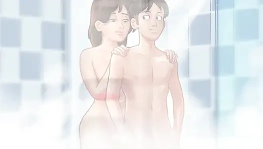 Stepmom and stepsister fight for the tenant's cock in the house and fuck him all the time - summertime saga