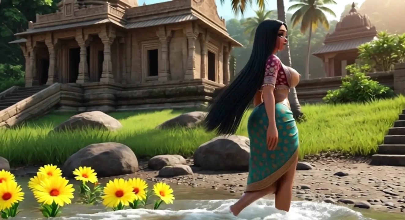 Beautiful Indian Girls With Very Big Boobs Pose Provocatively Bathing In Ganges And Palace Pool Cartoon Style