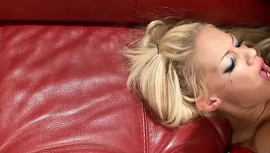 Blonde babe in red fishnets gets cum in mouth after fucking