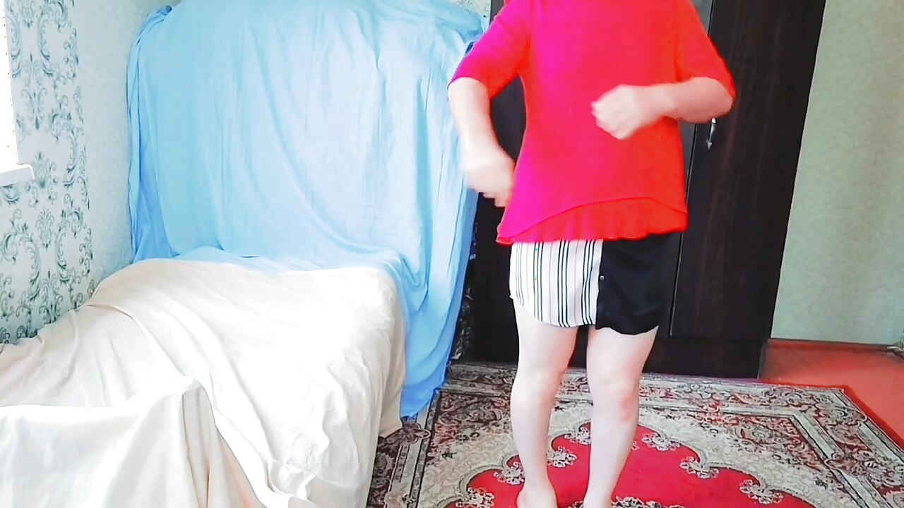 Sissy dressing up slowly in pastel-colored bedroom