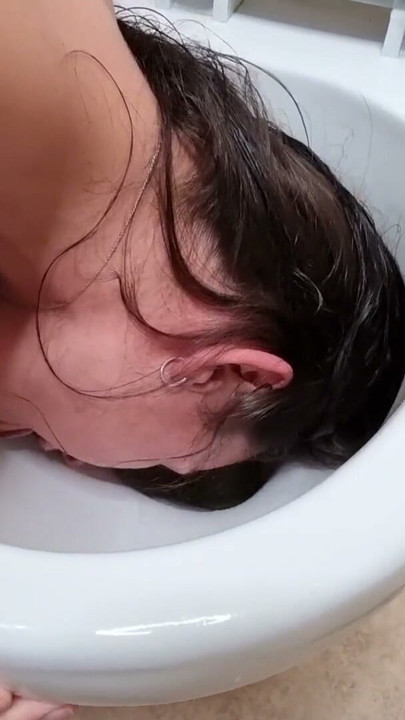 Dirty whore pissing and licking the inside of toilet, toilet swirlies | Clip 1