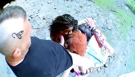 Black and white threesome fucking dildo penetrated