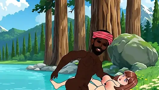 22-year-old Sabina fucked a big cock in the village man in the pond and dropped the water of the penis. Black thick cock.