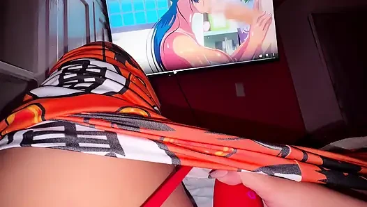 Anime mit Spielzeug schauen. Saug-Orgasmus