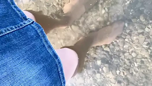 Austrian porn video – Crossdresser in multilayered nylons walking in a lake