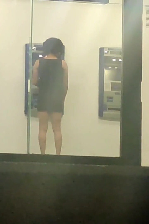 Sissy in Slutty Dress Masturbating Her Ass in Public ATM with Dildo at Night