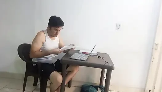 Colombian stepbrother studies on laptop while Venezuelan stepsister sucks his cock, scoops out his milk and swallows it