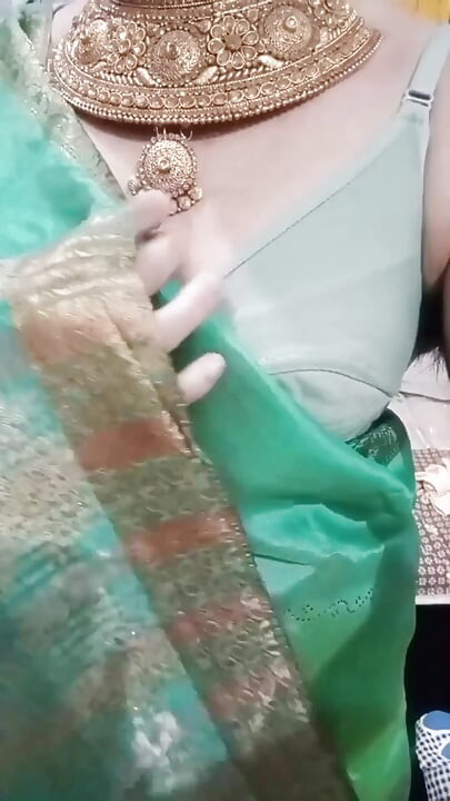 Indian Crossdresser Bottom Gaurisissy Pressing and Playing with Her Big Boobs in Blue Saree Real Homemade Sex