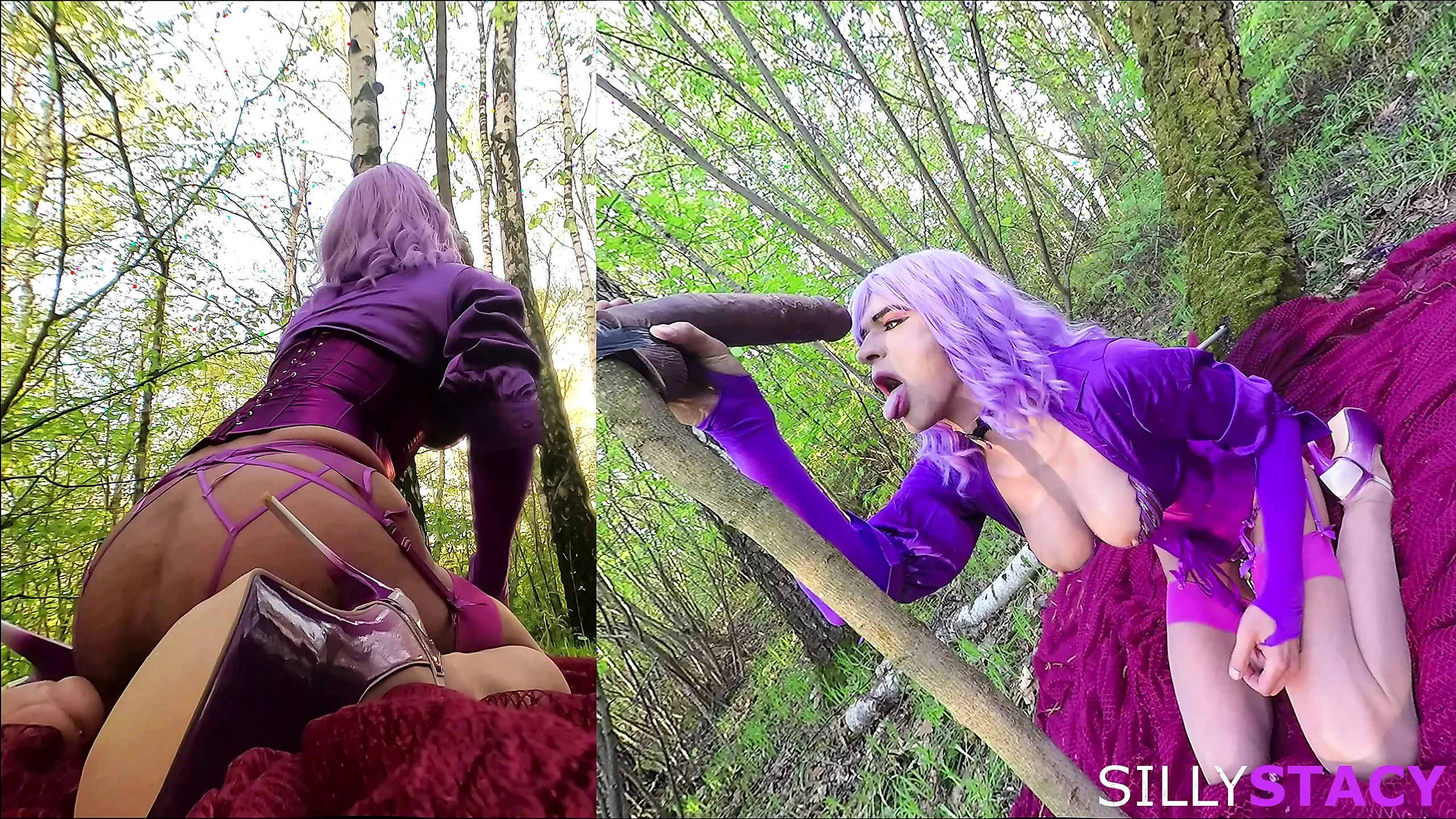 La mariquita Stacy juega duro con enormes consoladores en el bosque