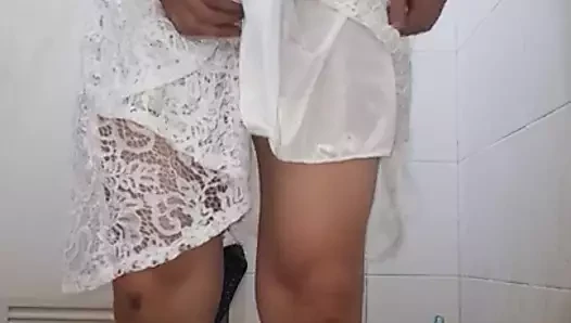 Crossdresser Wearing White Dress And Cum