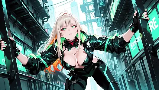 Neon Rain Night! Blonde Agent in Wet Leather Crouching Low, Holographic Glow & Cold Glances.