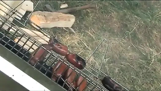 Outdoor hairy pussy fucking anal penetrated threesome in the garden