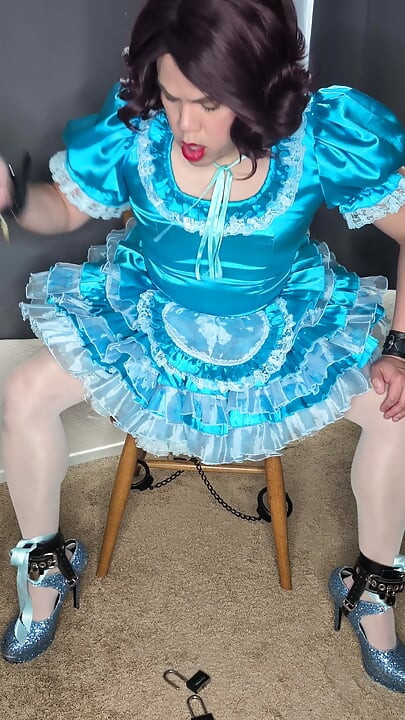 Satin Sissy Maid Riding Her Sex Doll in Chastity and Cuffs