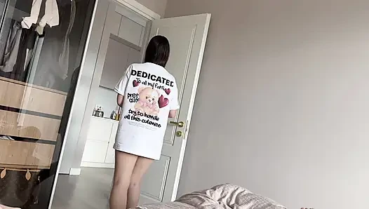 Stepbrother Jerking Off From Behind On Big Ass Step Sis But She Caught Him and Take His Dick Inside!