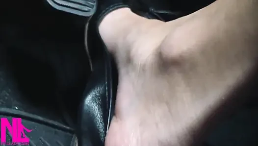 Revving and Driving in Black Leather Flats on Barefeet