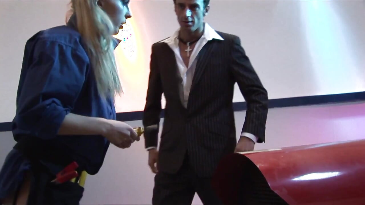 Blonde bitch in stockings likes sex by the car and then on the couch