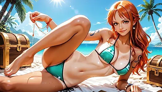 Nami dientot habis-habisan sama luffy dan zoro - seks threesome di pantai hentai one piece tanpa sensor