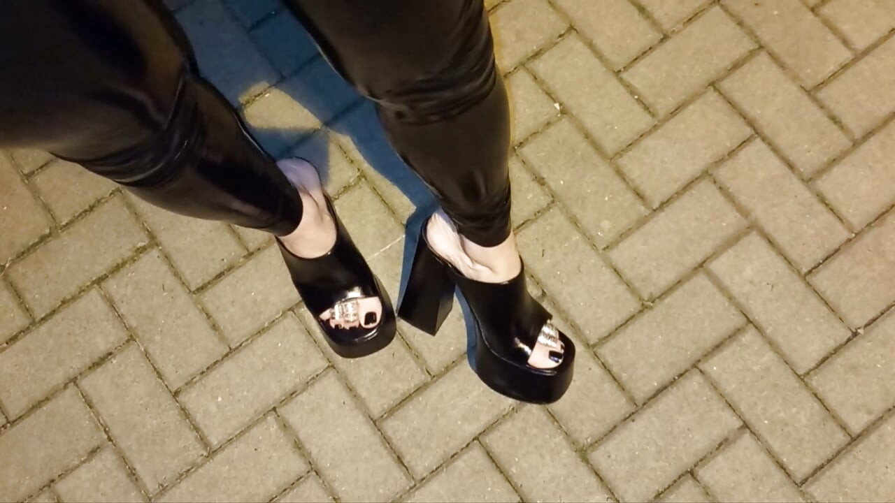 Alone at Night in Ultra-Tight Latex and Platform Mules Just to Make Men Stare and Drool