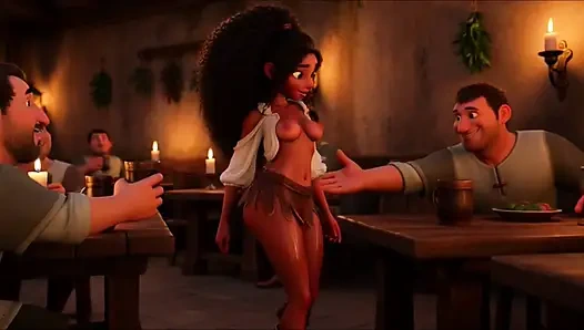 Горячая чувственная платиновая блондинка барменша кокетливая дикая ночь в оживленной средневековой таверне фантазии с жизнерадостными покровителями