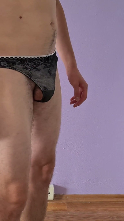 I trying on my wifes panties - hairy dick, touching myself, close up 4K | Clip 1