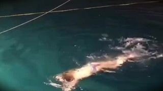 Little slut swimming at cave having fucking fun