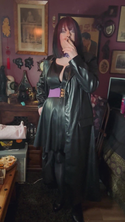Smoking Mature, Tina Snua Smoking A Cigarette In A Full Length Leather Coat - Smoker | Clip 1