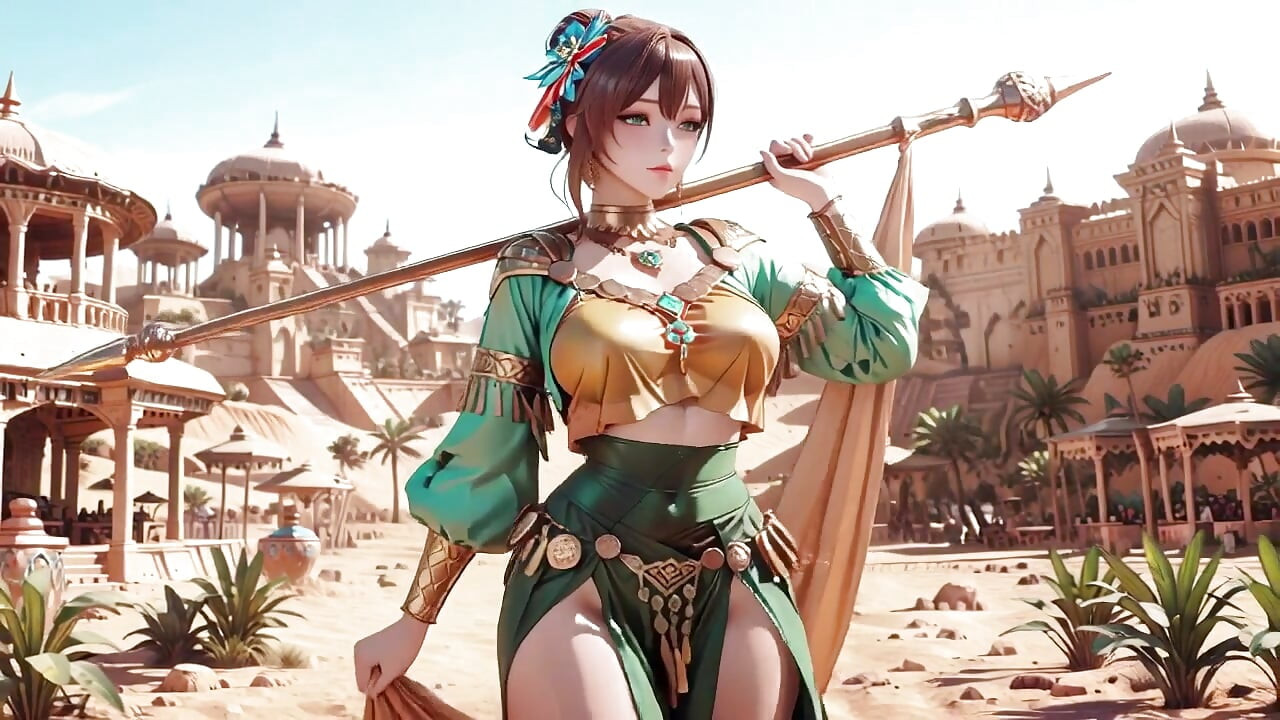 ¡Coronación de la Reina Oro Verde! Recostada perezosamente de lado en el palacio del desierto, dedos jugueteando con el cabello y el velo, piel bronceada por el sol brillando.