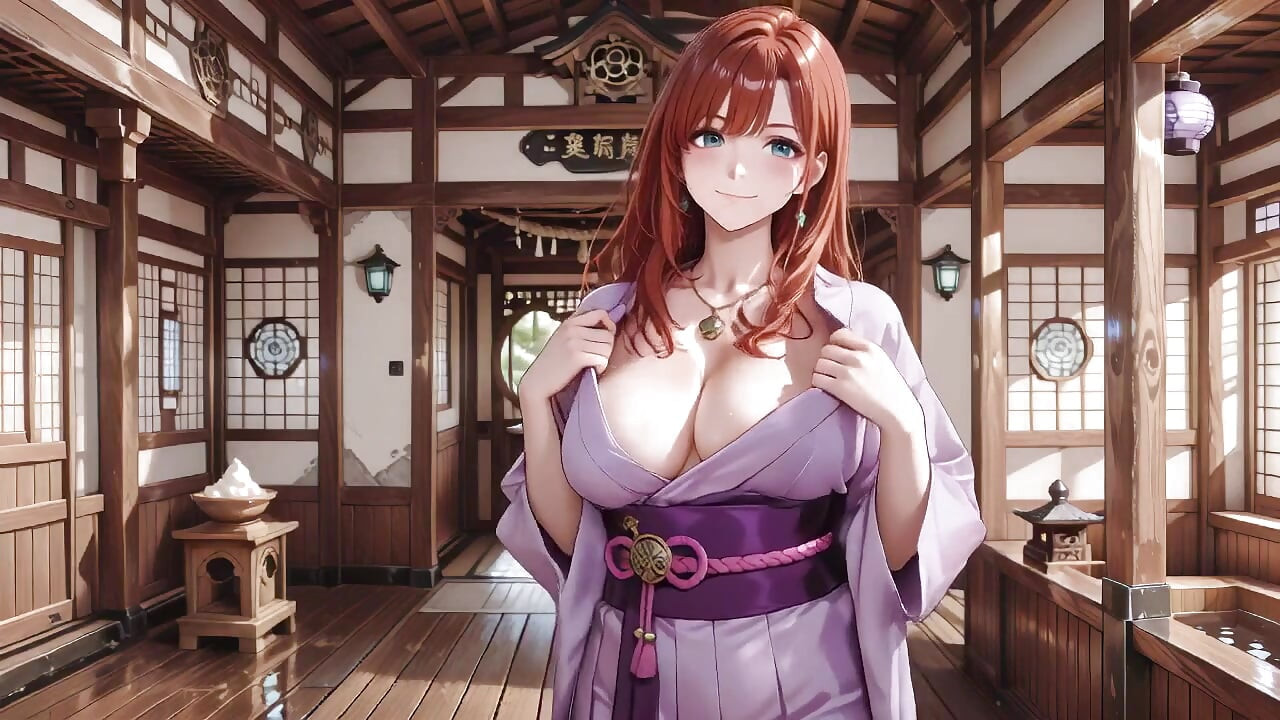 Red-haired Kimono Goddess! Kneeling Under the Sacred Torii Gate, She Adjusts Her Soaked Backless Outfit with a Shy Gaze.