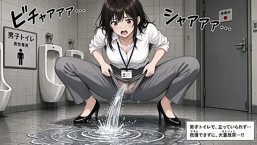 Genç bir Japon kadın erkekler tuvaletinde ve sokakta işiyor.