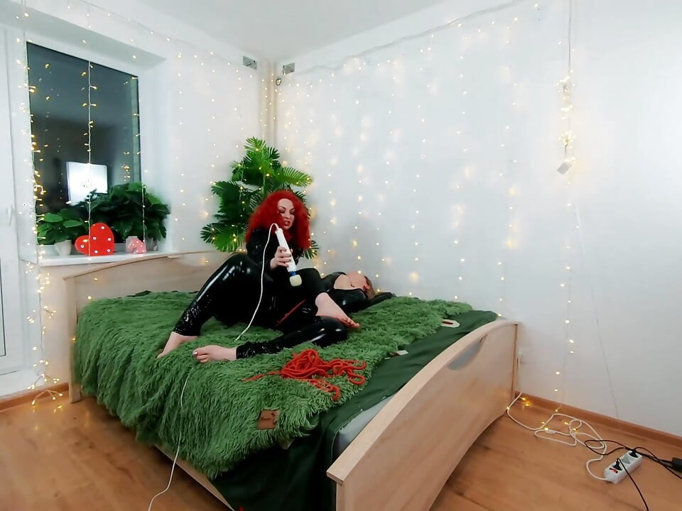 Backstage Video of Lesbian Fetish Fun. Pvc Clothes, Light Femdom, Tickling with Hitachi Magic Wand