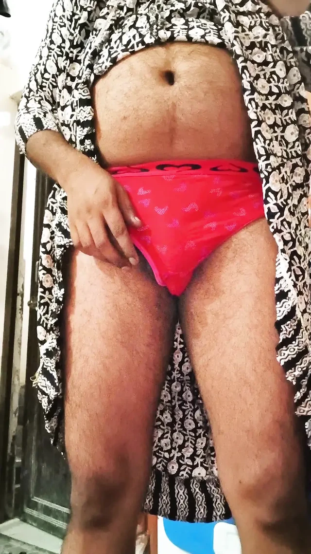 Sissy gauri cums in red panty and dress
